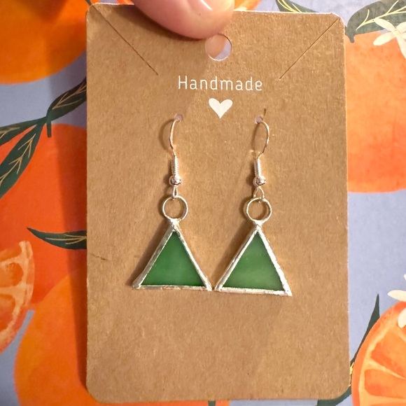 Handcrafted Green Stained Glass Triangle Earrings - Picture 1 of 2